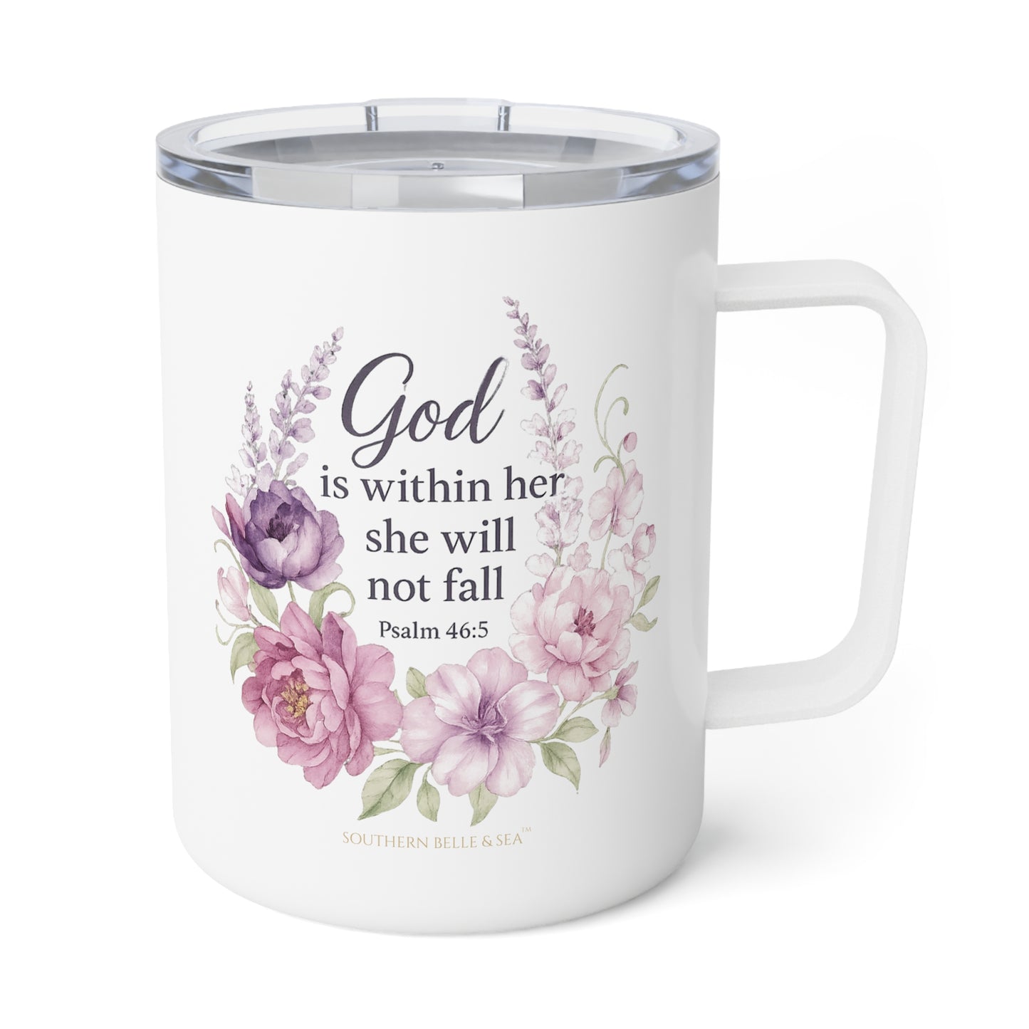 Faith-inspired Psalm 46:5 insulated mug with floral wrap design by Southern Belle & Sea™