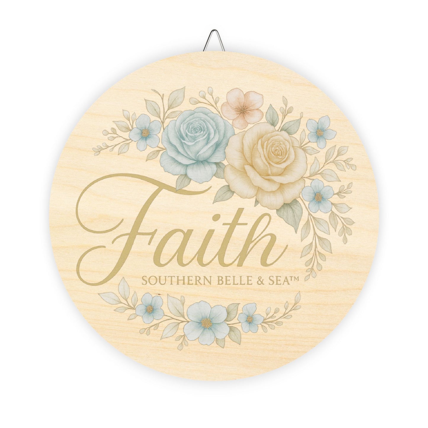Decorative wall art with floral design and 'Faith' text on a white background