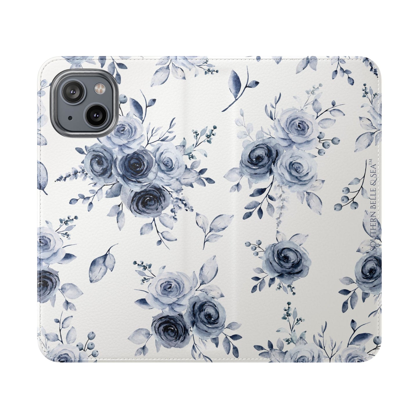 Phone case with blue floral pattern on a white background