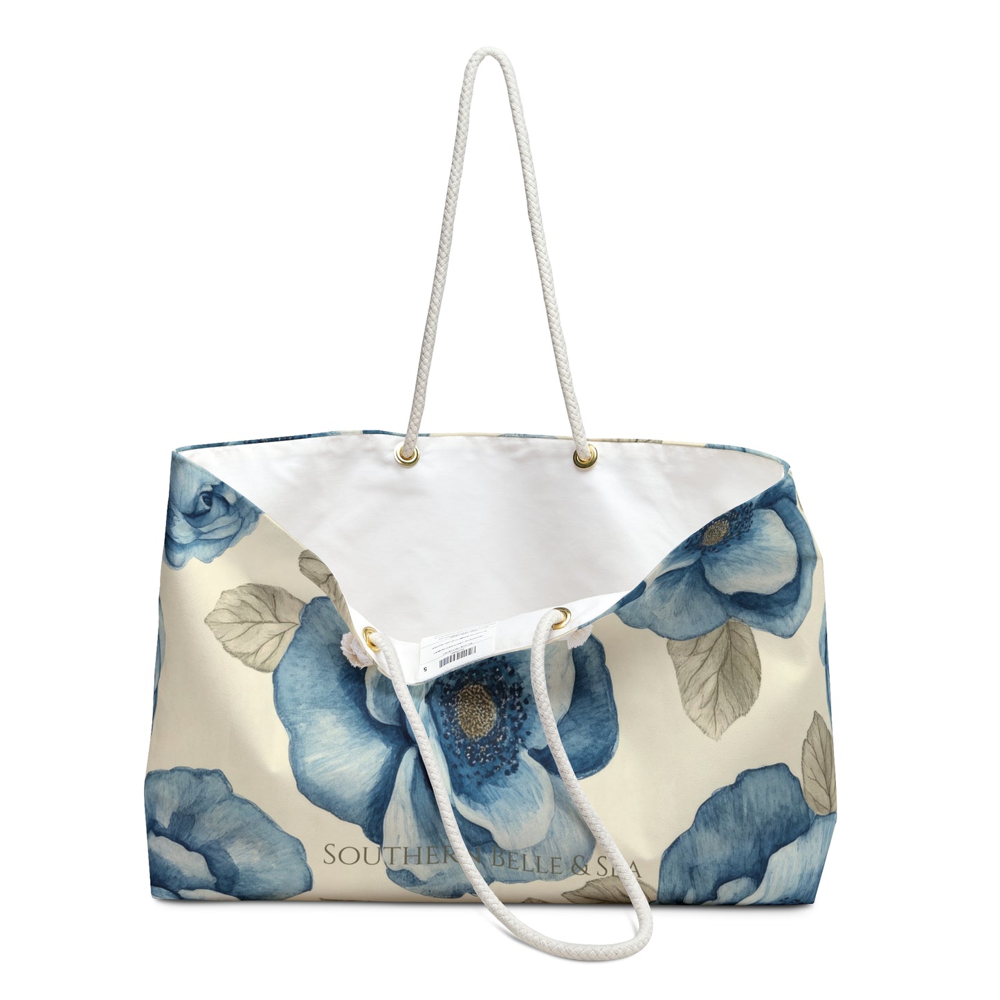 Tote bag with blue floral pattern on a white background