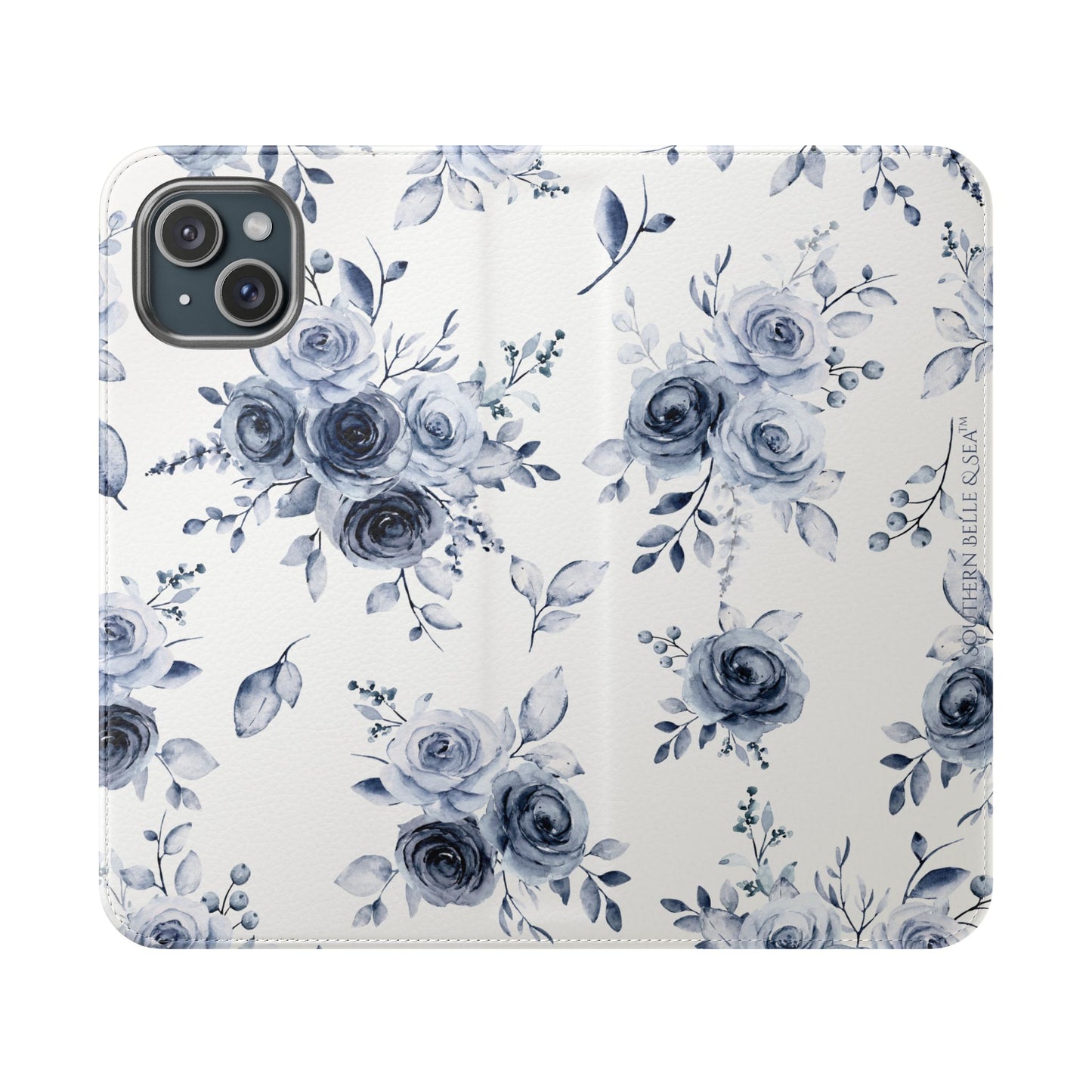 Phone case with blue floral pattern on a white background