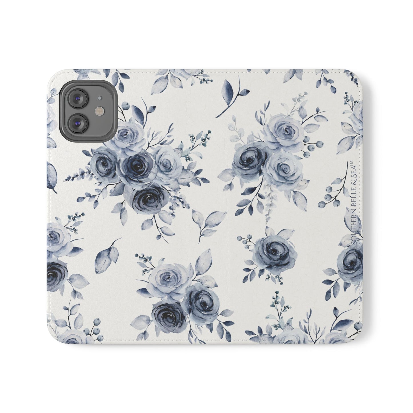 Phone case with blue floral design on a white background