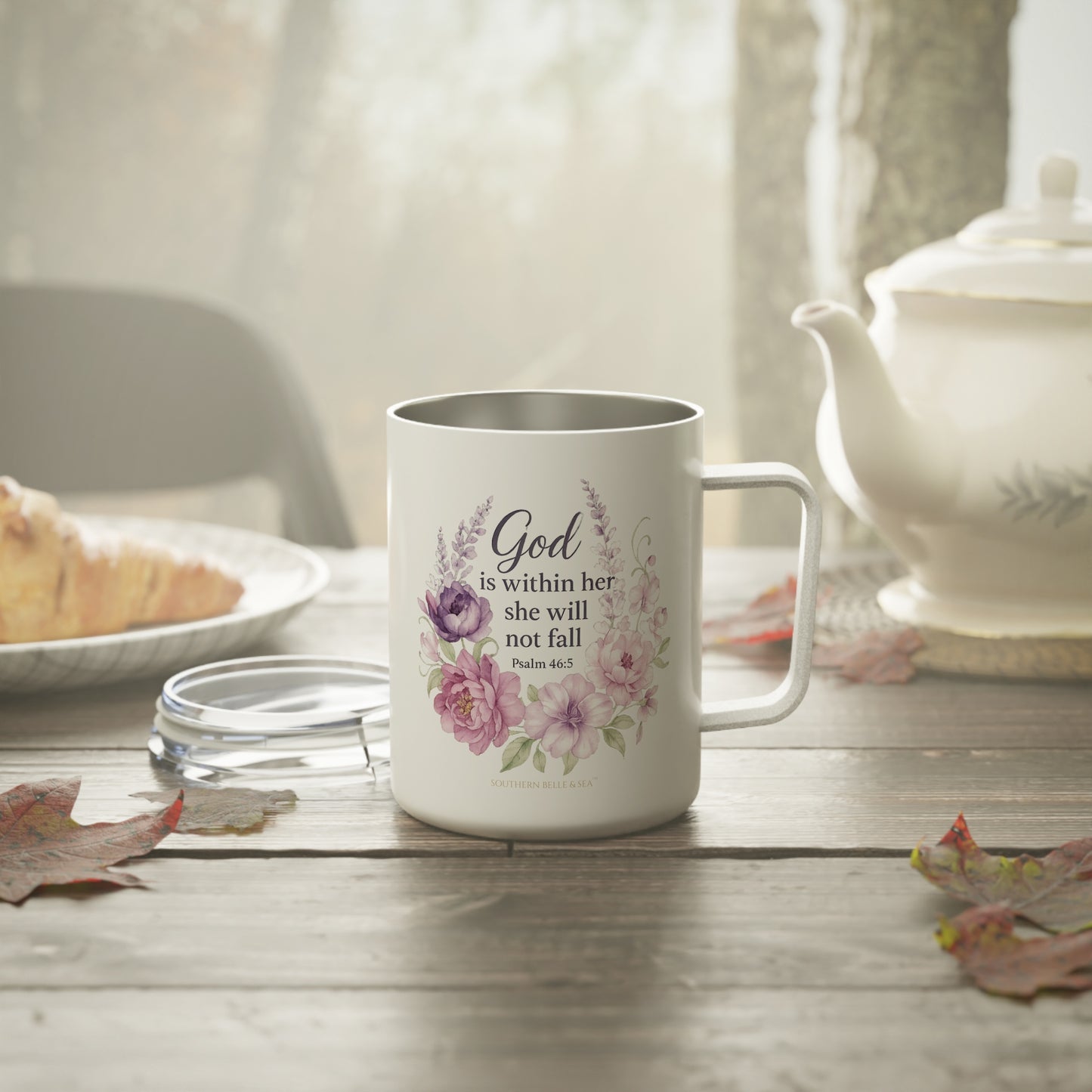 Faith-inspired Psalm 46:5 insulated mug with floral wrap lid off cup design by Southern Belle & Sea™