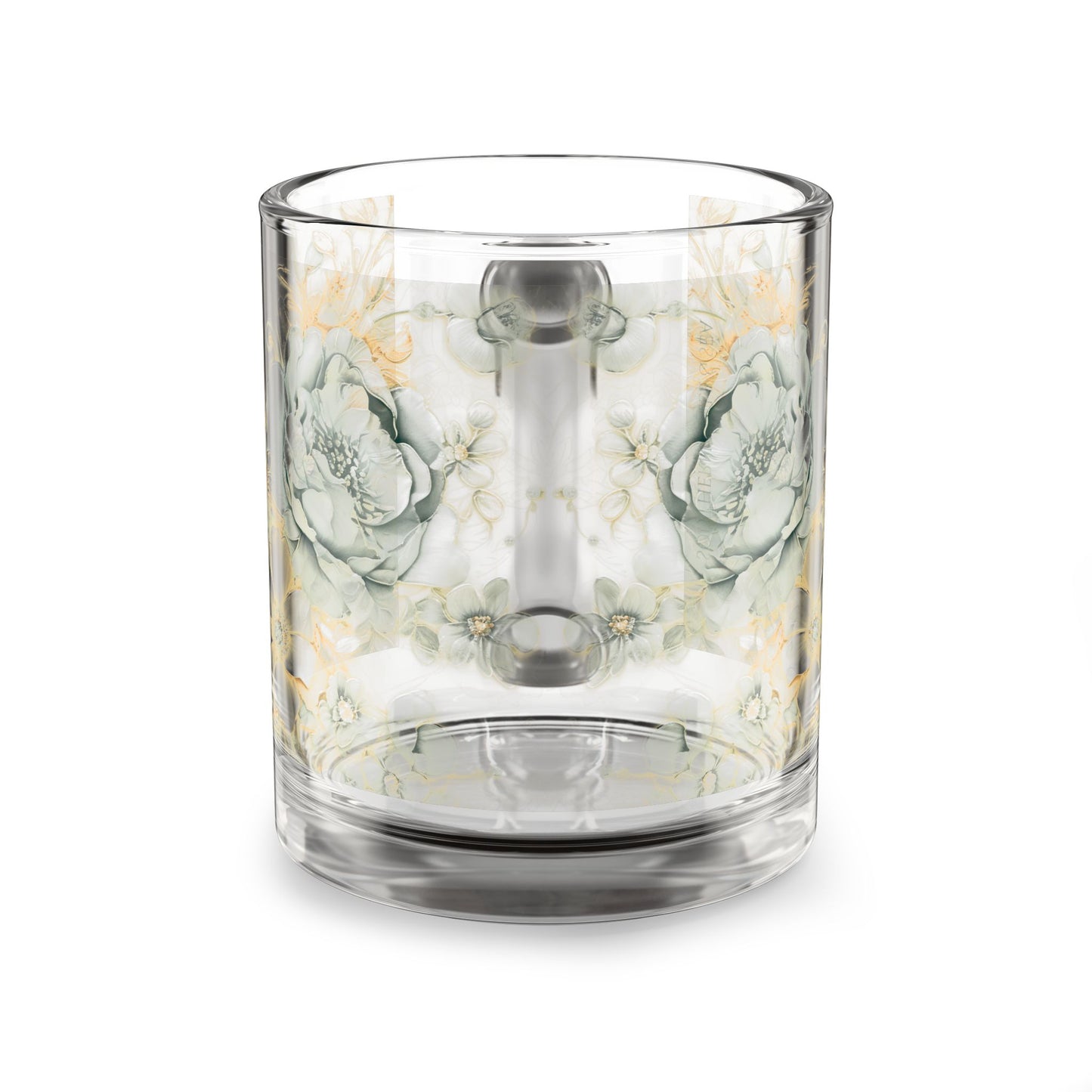 Clear glass candle holder with floral design on a white background