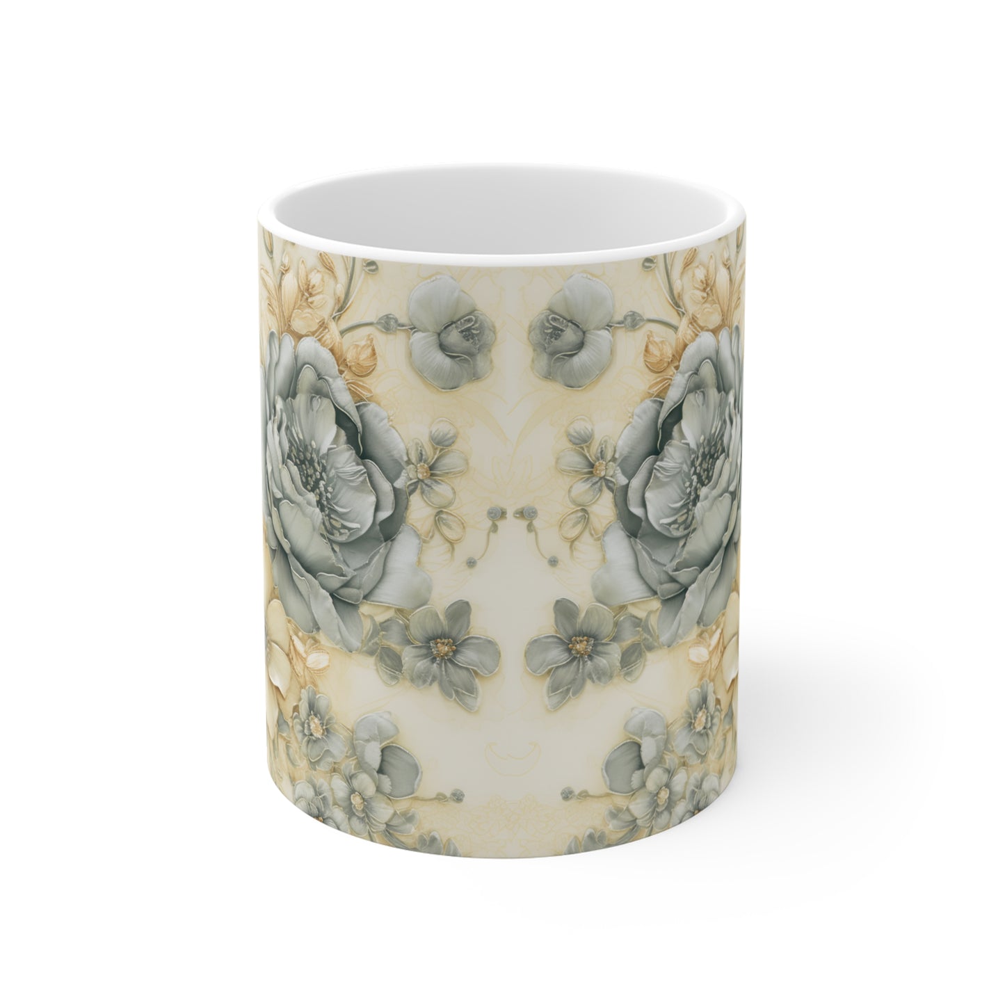 Ceramic mug with floral pattern on a white background
