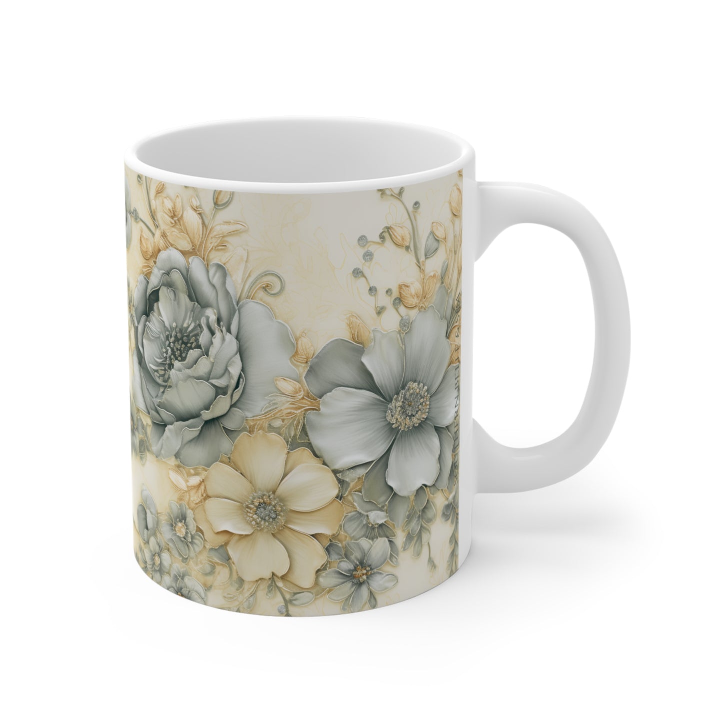 White mug with floral pattern on a white background