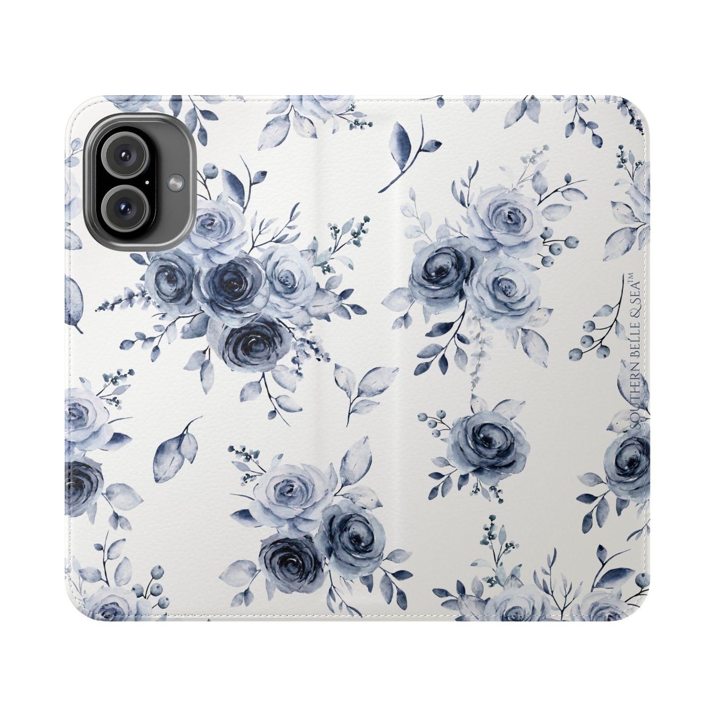 Phone case with blue floral pattern on a white background