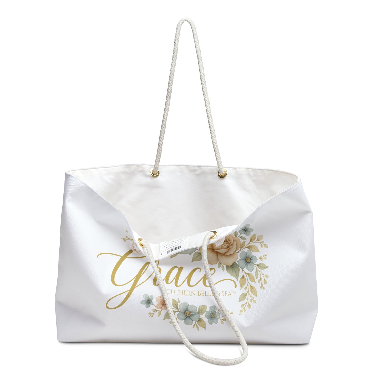 White tote bag with 'Grace' and floral designs on a white background