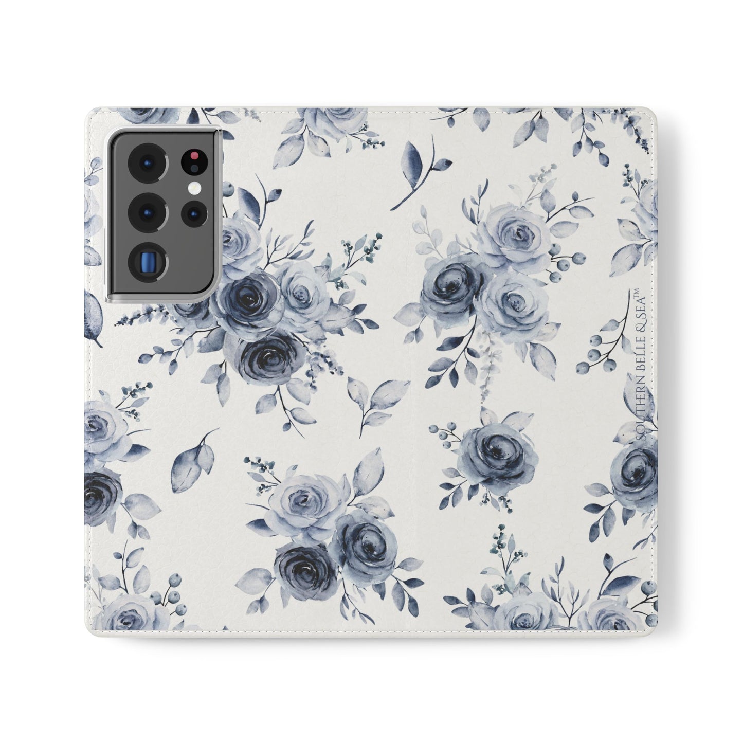 Floral patterned phone case with blue flowers on a white background