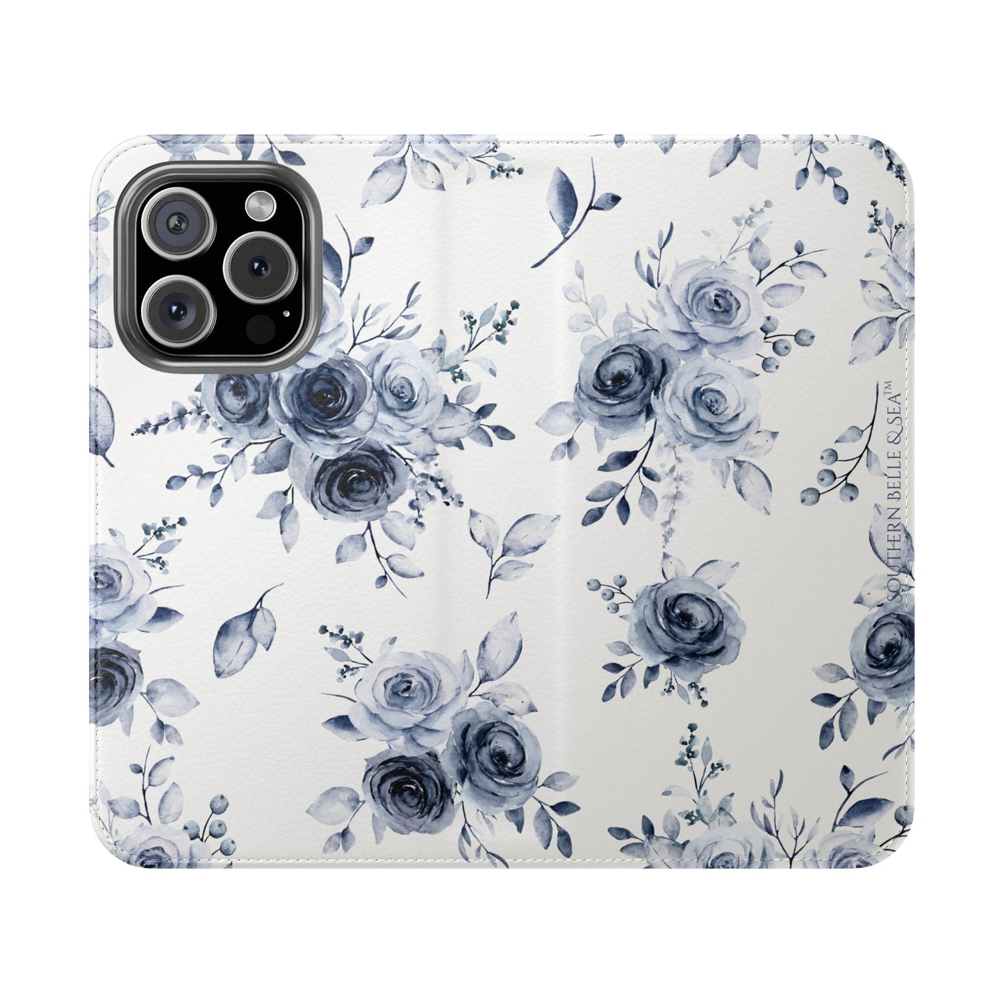 Phone case with blue floral pattern on a white background