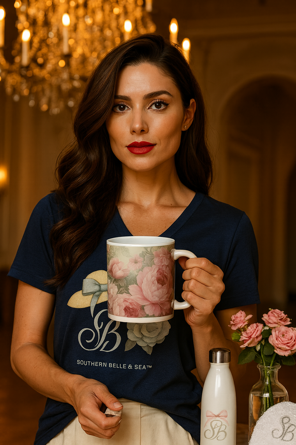 SB Blue Flower V-Neck Tee – Soft, Relaxed Fit | Southern Belle & Sea™
