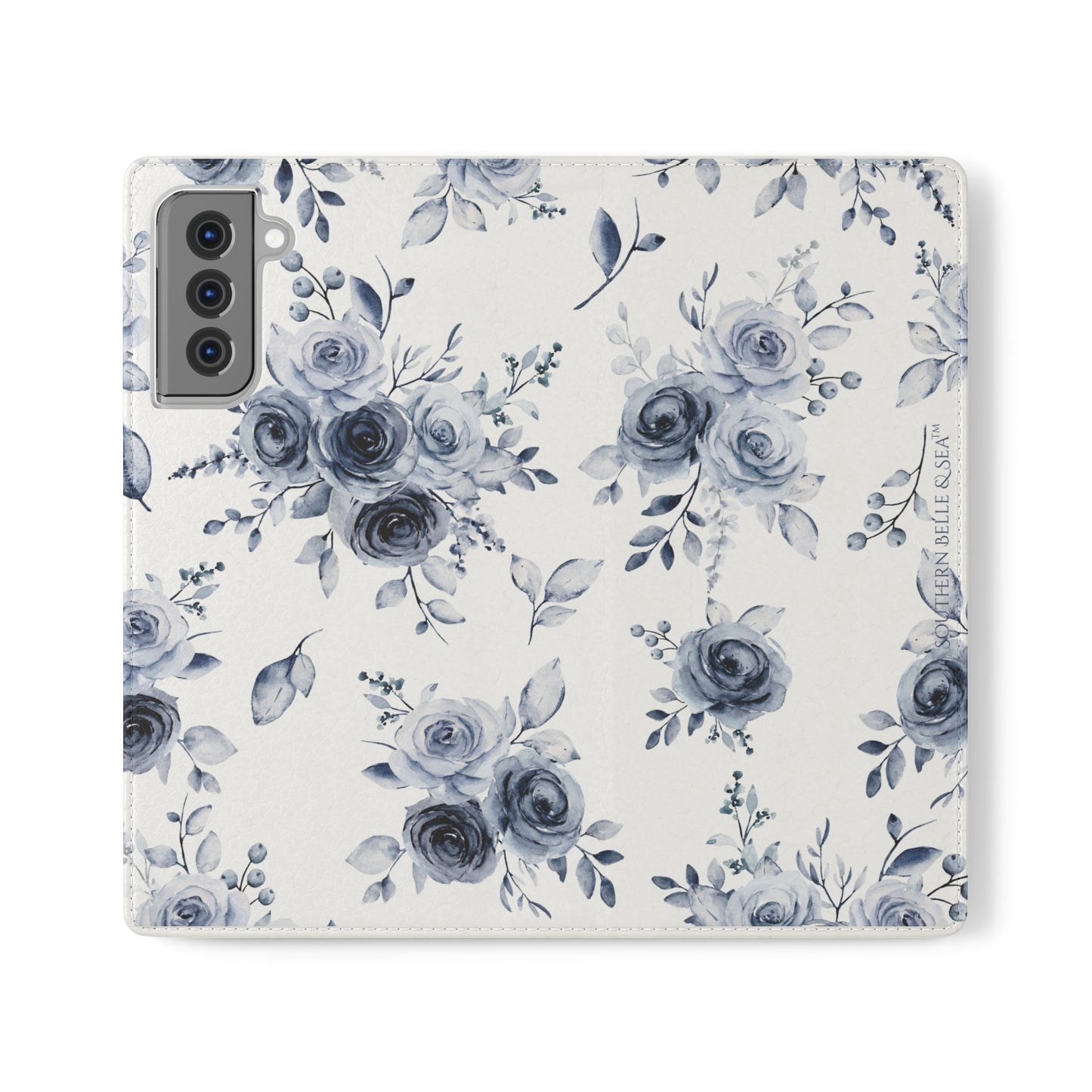 Floral patterned phone case with blue flowers on a white background