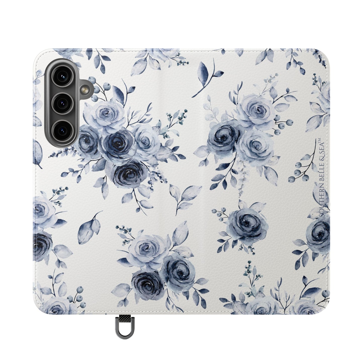 Phone case with blue floral pattern on a white background