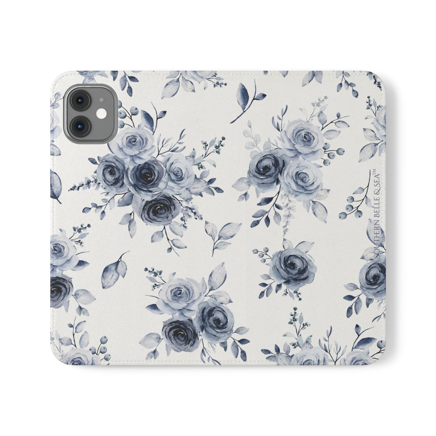 Phone case with blue floral pattern on a white background
