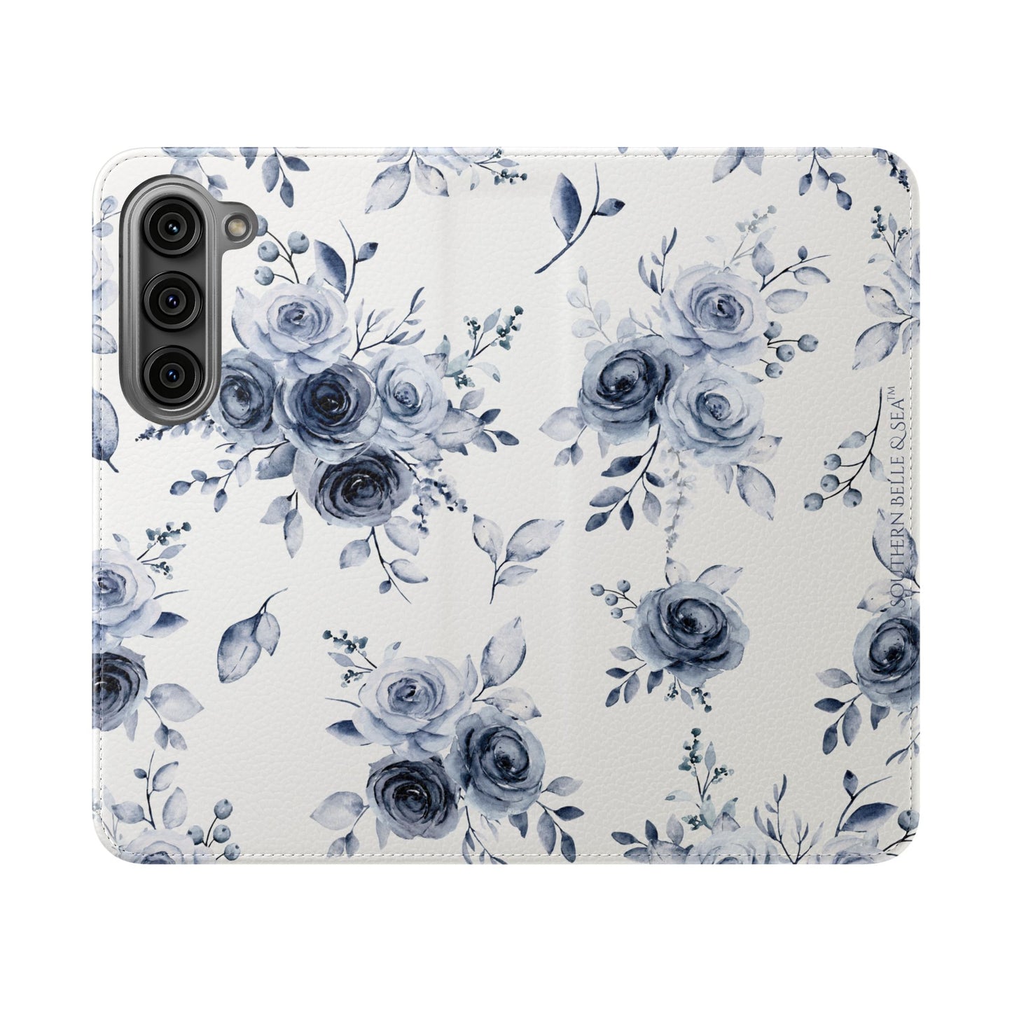 Phone case with blue floral pattern on a white background