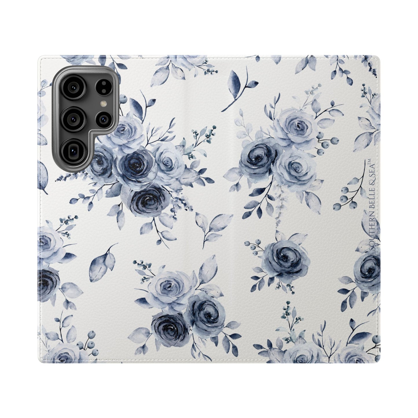 Phone case with blue floral pattern on a white background