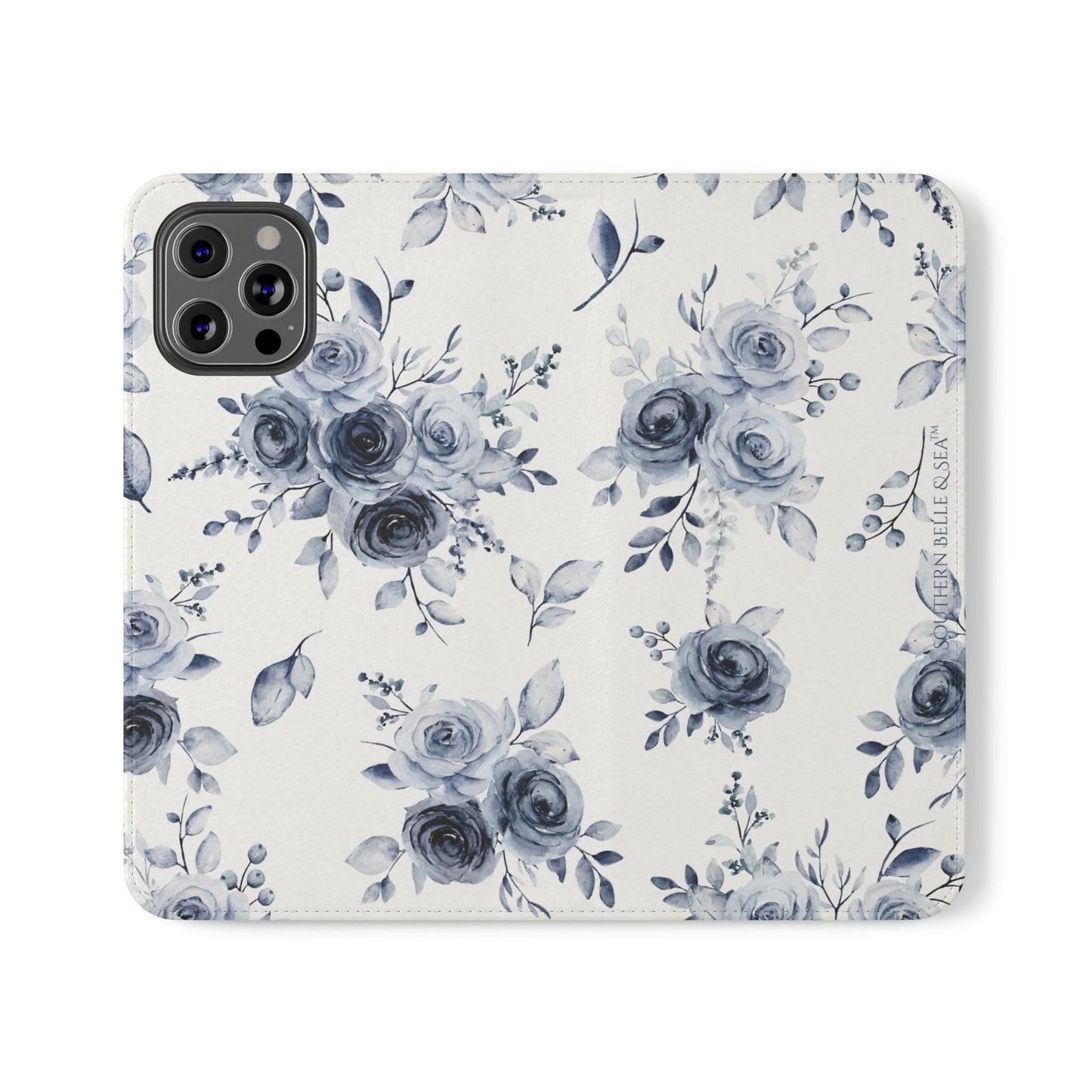 Phone case with blue floral design on a white background
