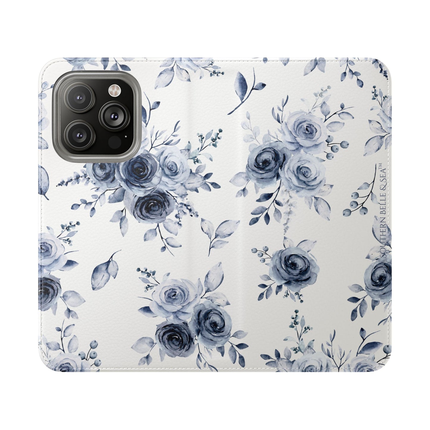 Phone case with blue floral pattern on a white background