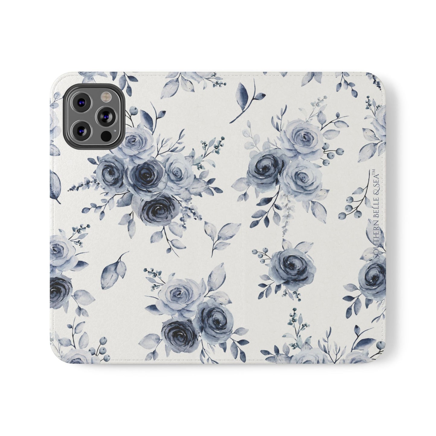 Phone case with blue floral pattern on a white background