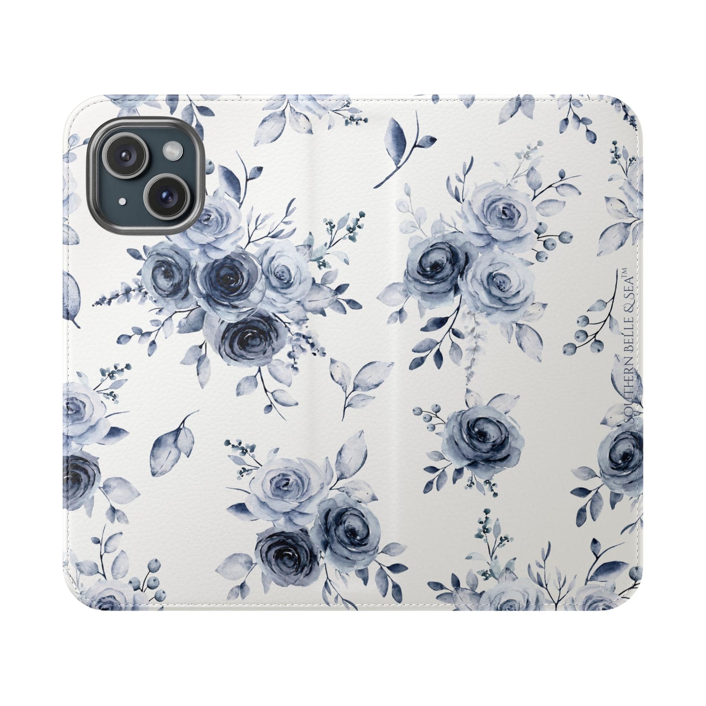 Phone case with blue floral pattern on a white background