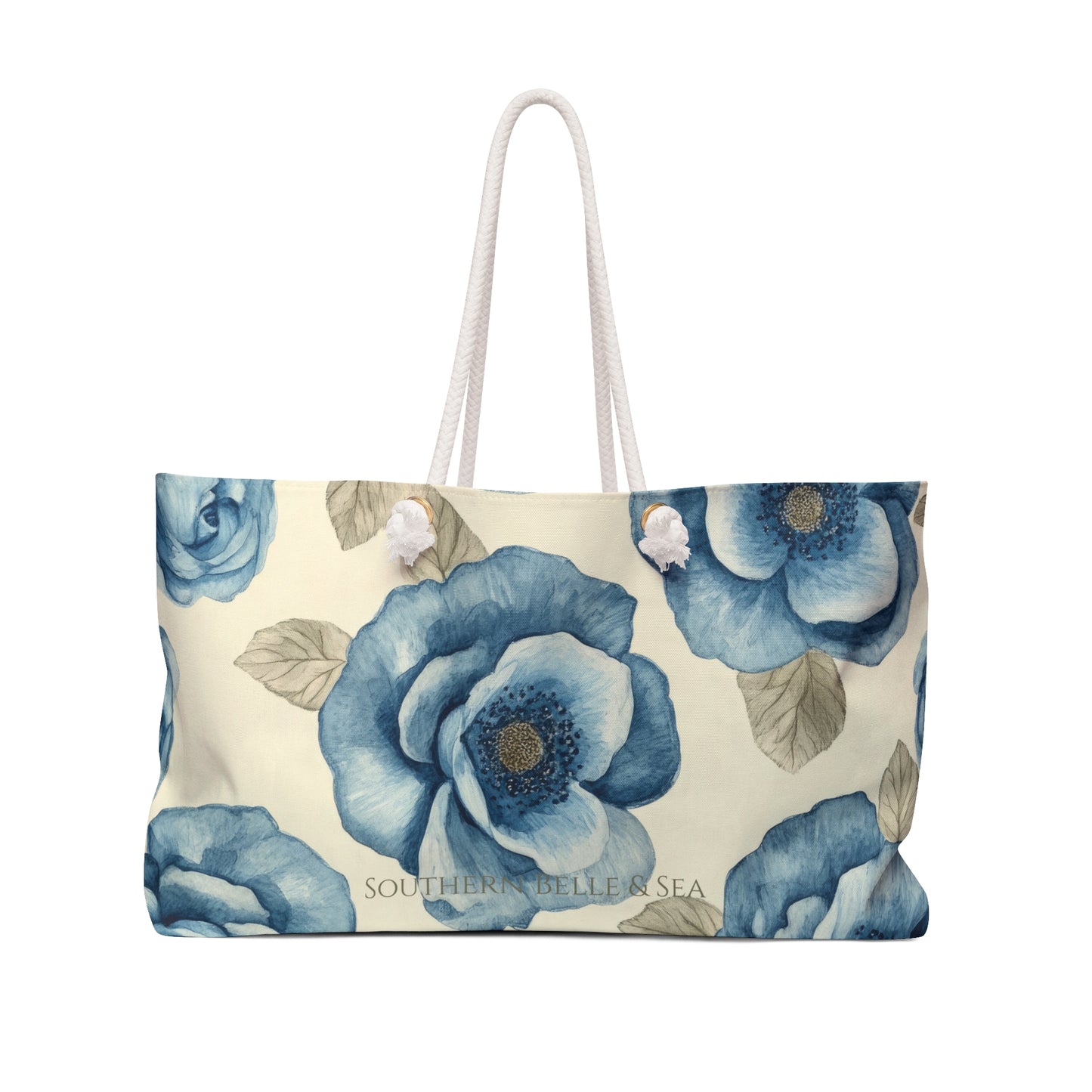 Floral tote bag with blue flowers on a beige background