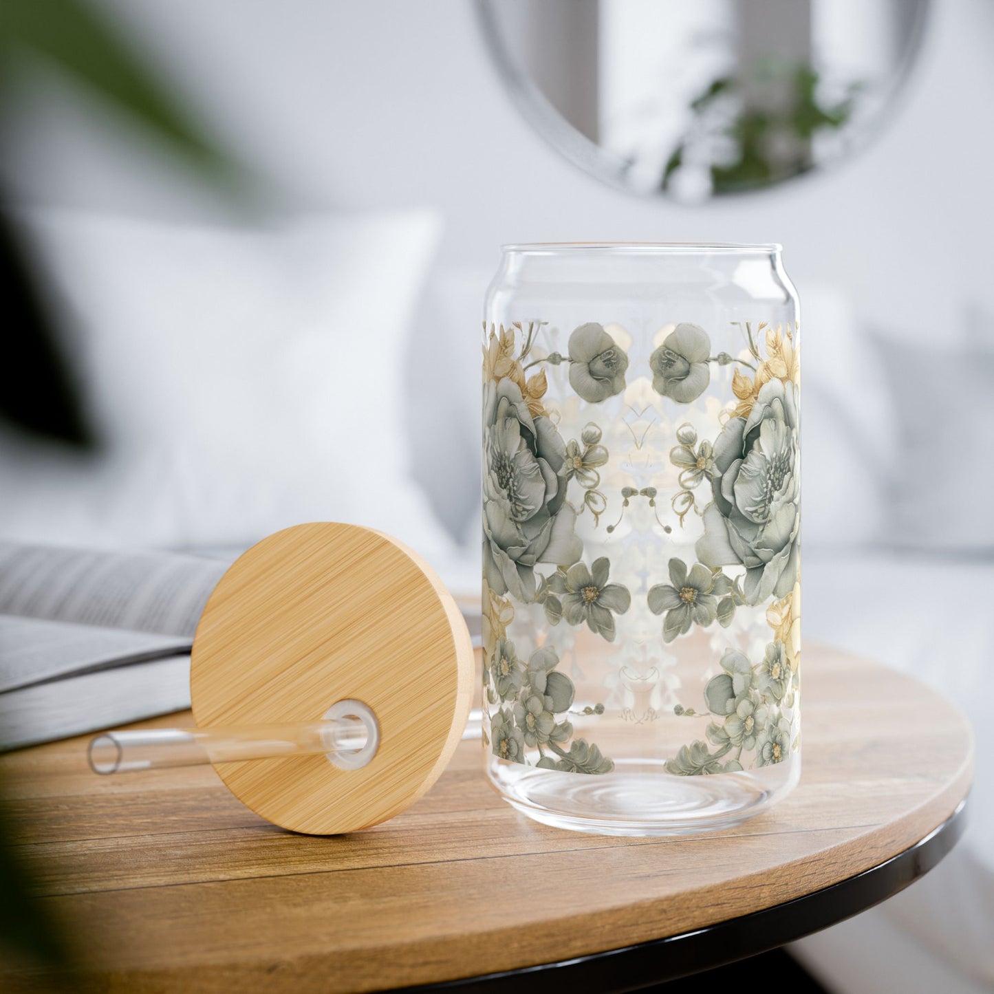 Glass diffuser with floral design on a wooden table