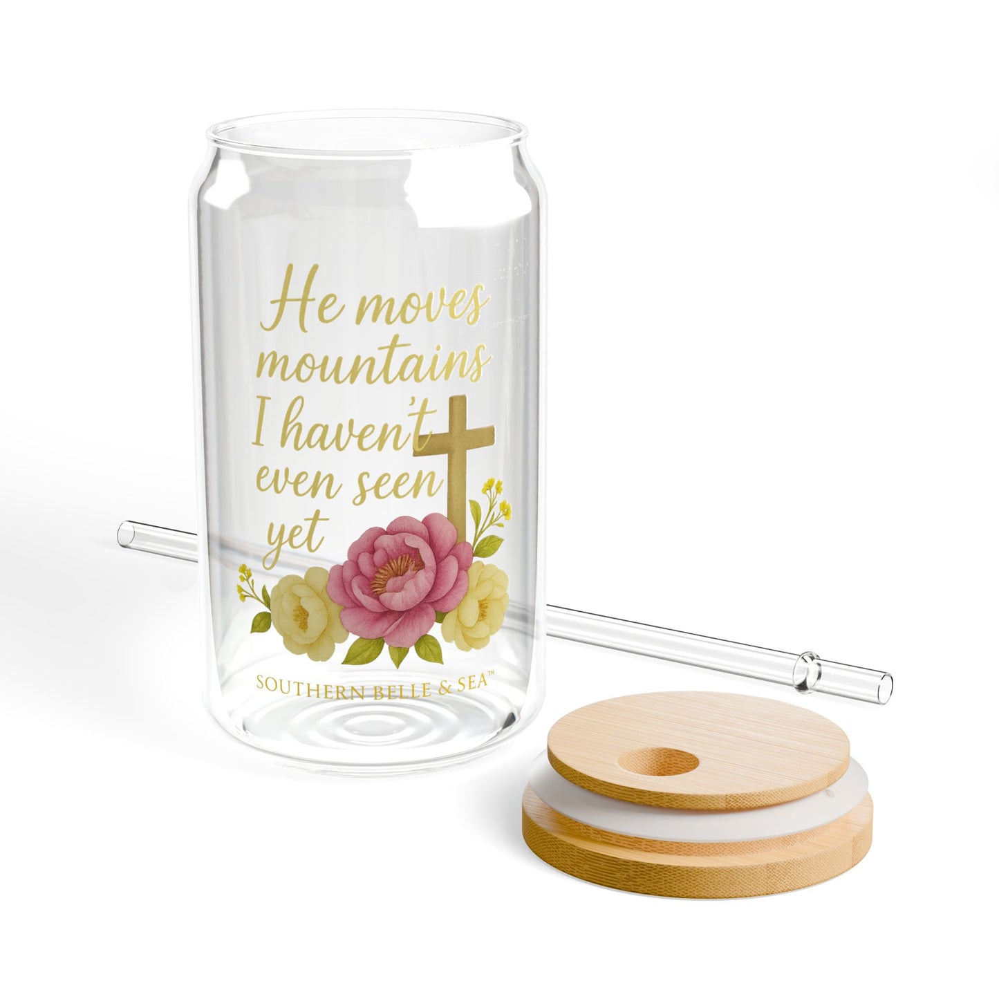 16oz iced coffee glass with lid and cross floral design