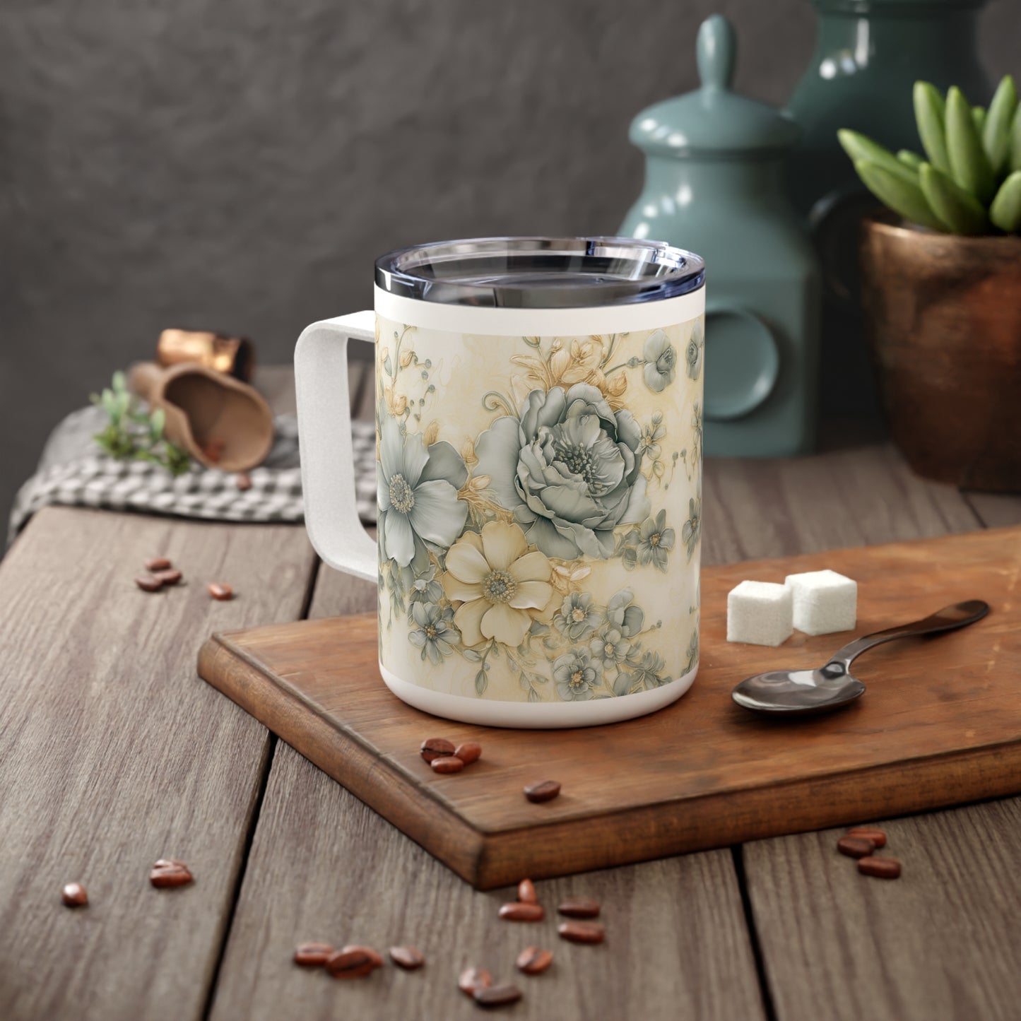 Styled scene: Floral Serenity insulated mug on table