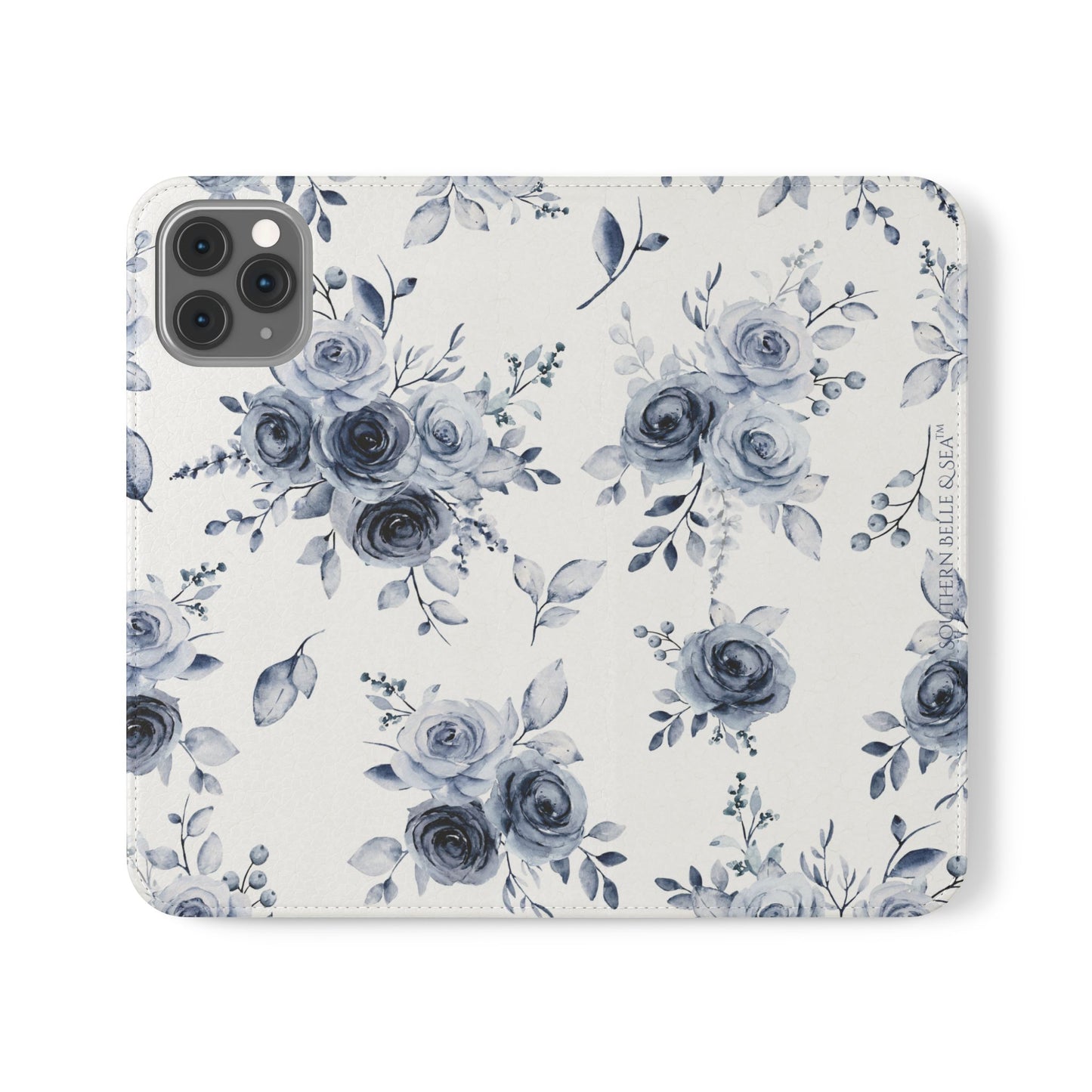 Phone case with blue floral design on a white background