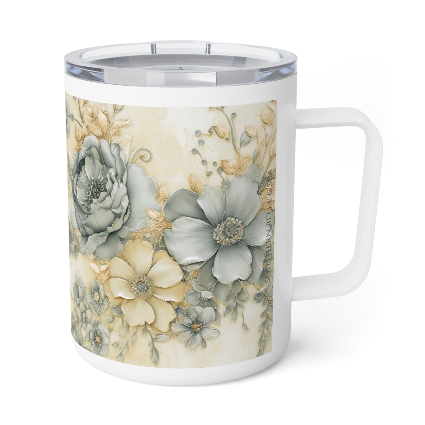 Floral-patterned mug with a white handle on a white background