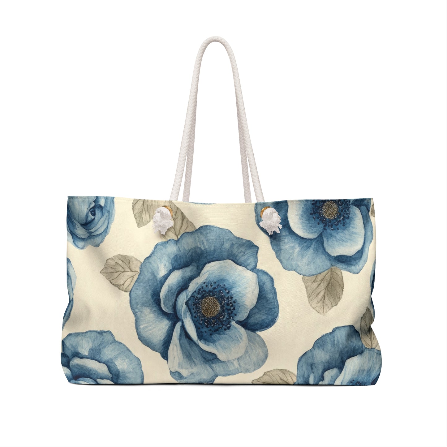 Floral tote bag with blue flowers on a beige background