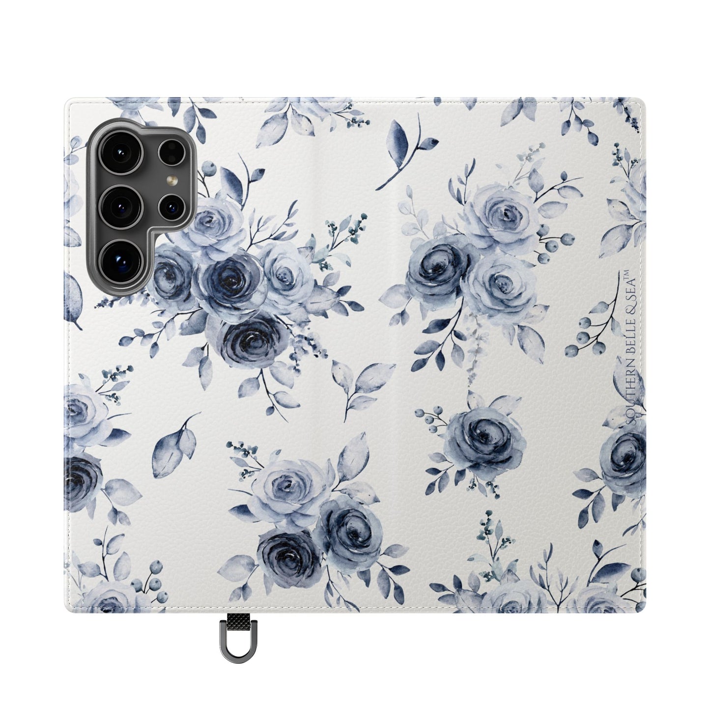 Phone case with blue floral pattern on a white background