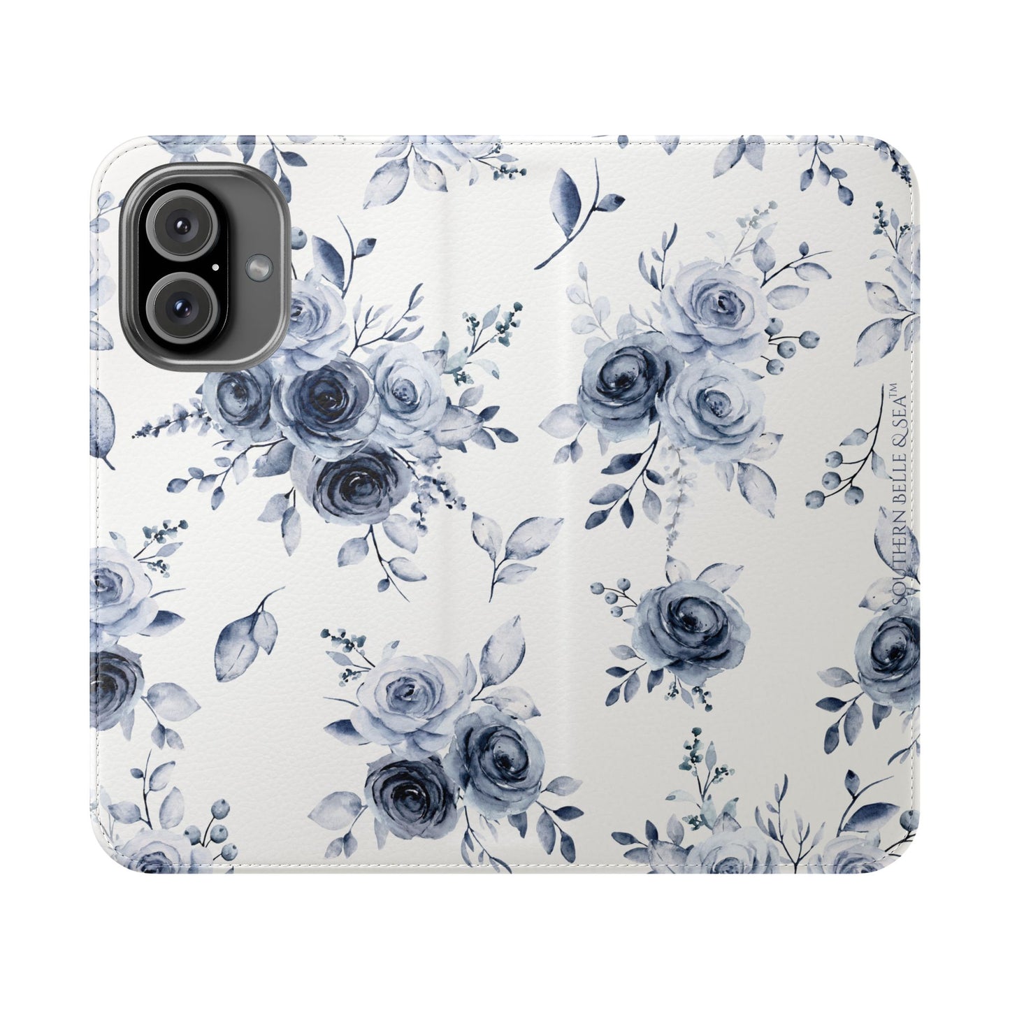 Phone case with blue floral pattern on a white background