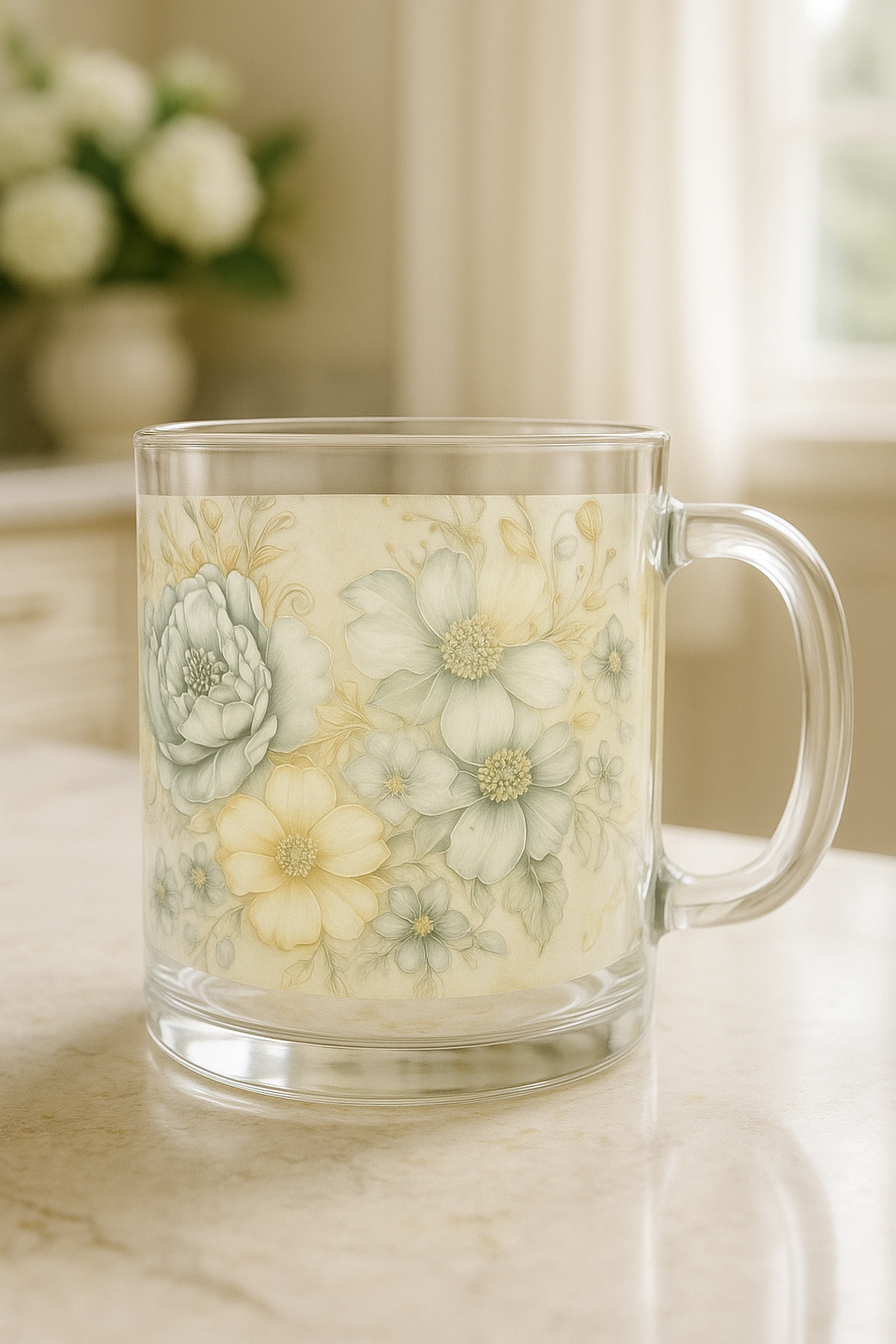 Floral Serenity Clear Glass Mug — Savannah Garden Rose Series | Southern Belle & Sea™