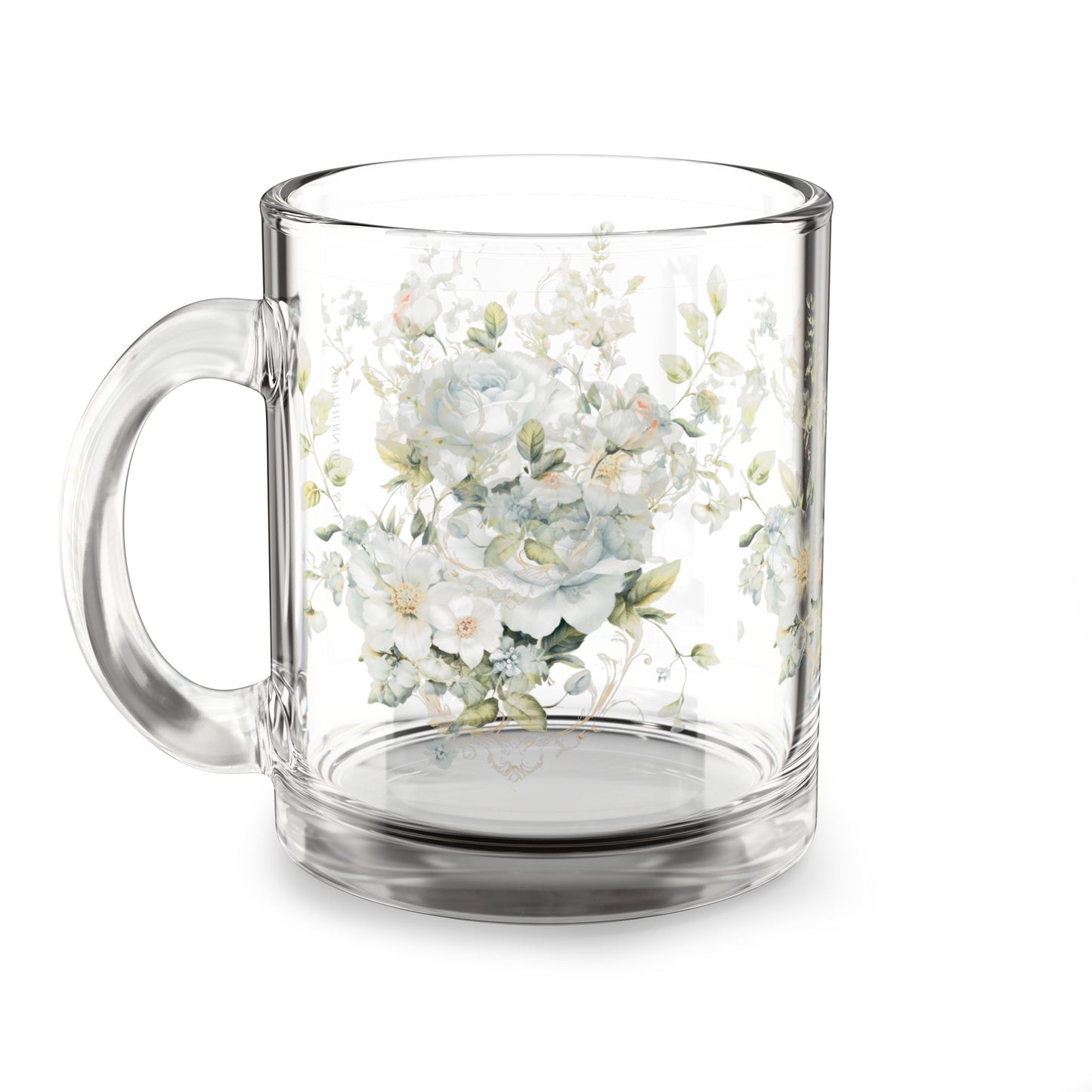 Clear glass mug with floral design on a white background