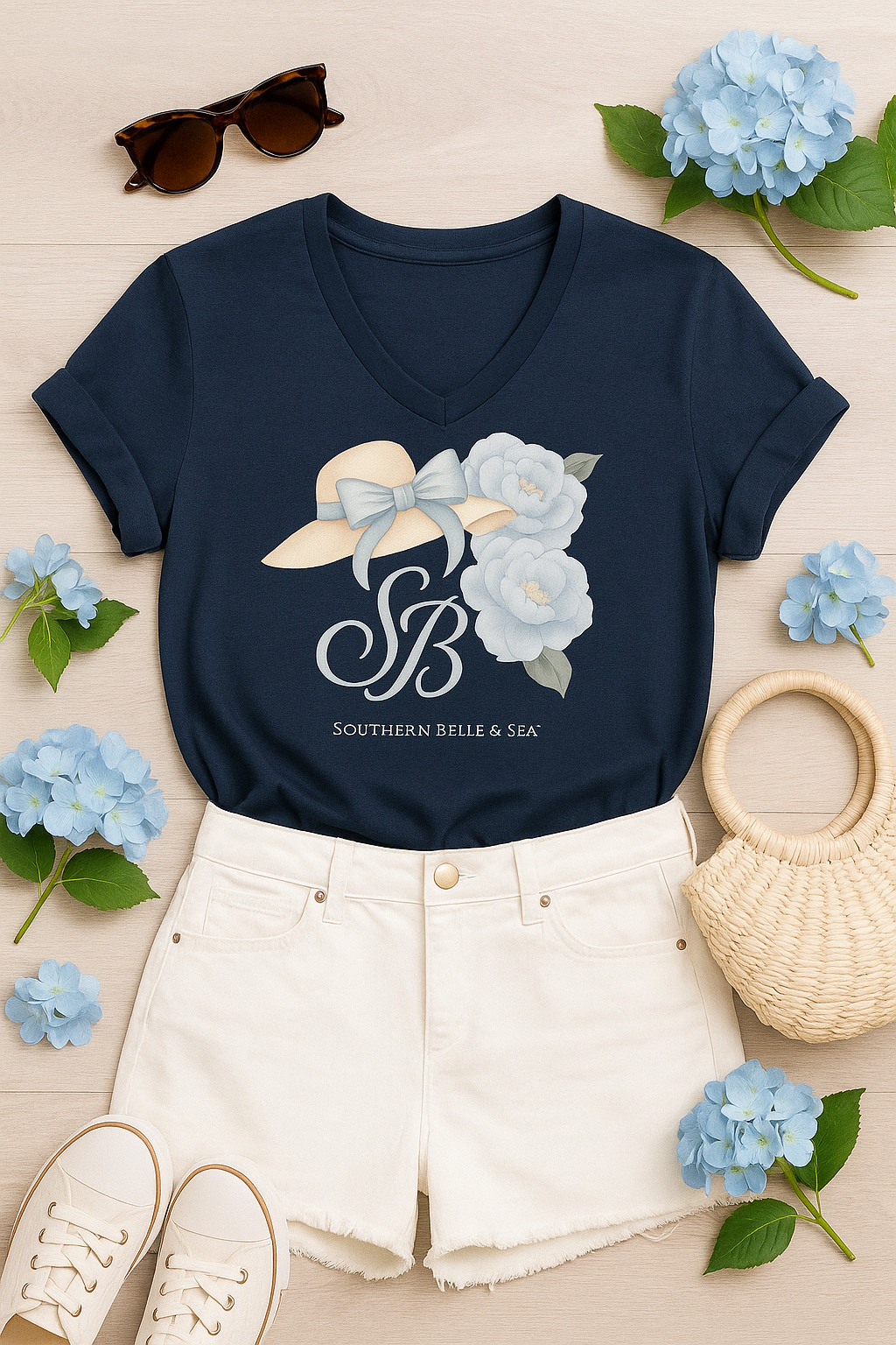 Southern Belle & Sea tee – navy v-neck with blue floral hat design – laid flat with shorts, hydrangeas, and basket purse