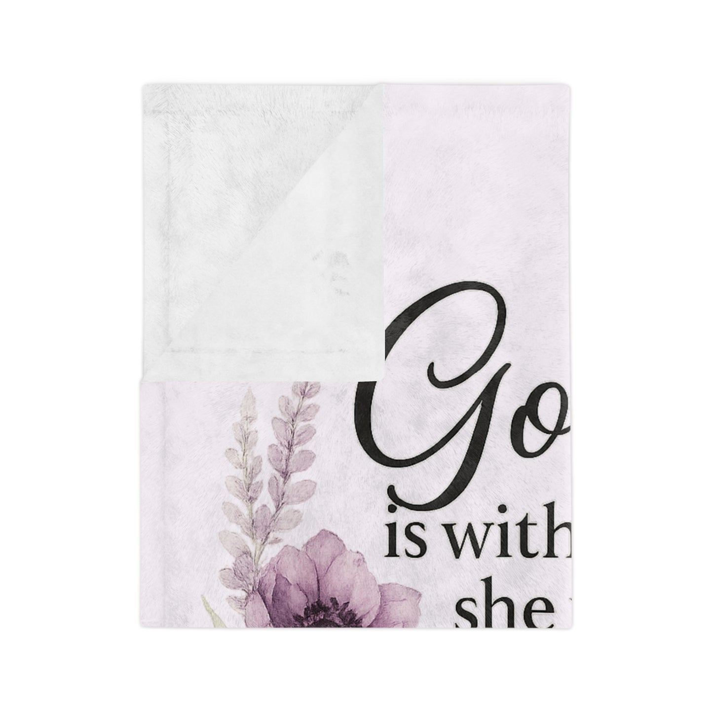 Decorative God is Within her she will not fall. Velveteen blanket with floral design and inspirational quote on a pink background