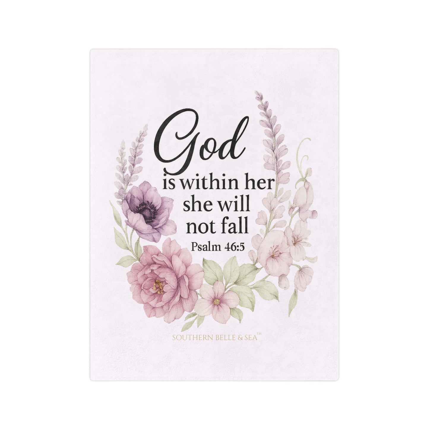 Decorative God is Within her she will not fall. Velveteen blanket with floral design and inspirational quote on a pink background