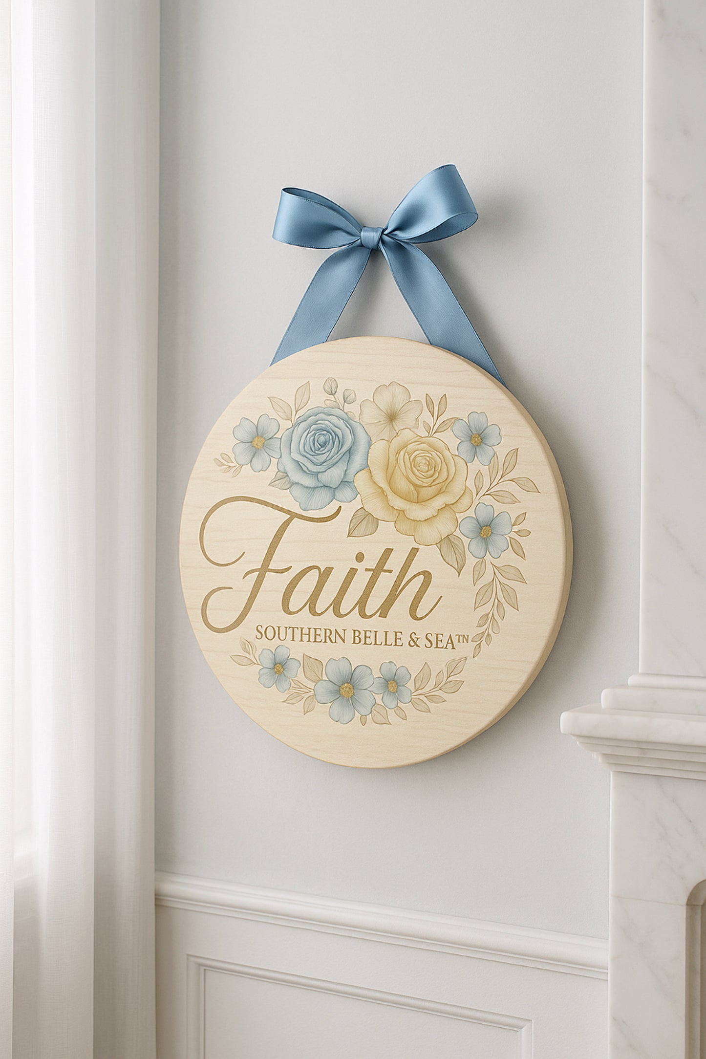 “Faith floral wooden wall sign with gold lettering – Southern Belle & Sea™”