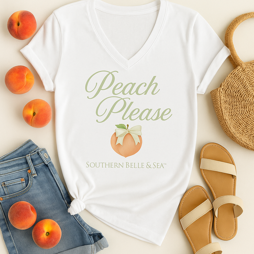 Peach Please V-Neck white t-shirt with hand-painted watercolor peach, vintage bow, and Southern Belle & Sea™ script — feminine summer fashion