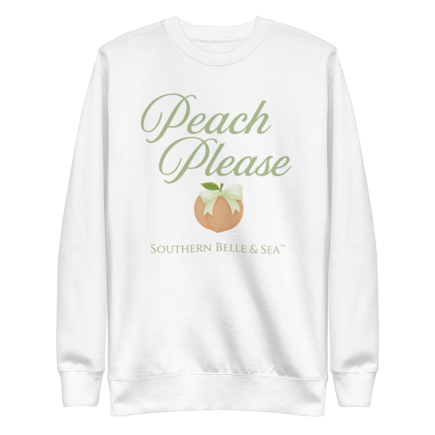 White “Peach Please” sweatshirt from Southern Belle & Sea™ on a transparent background, featuring a peach illustration with a bow and elegant green script text.
