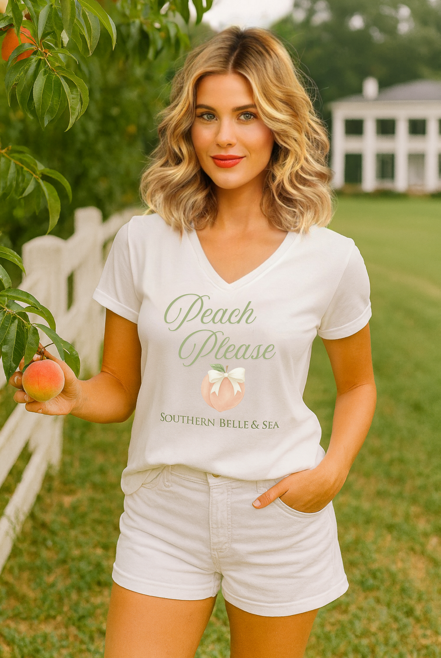Blonde woman in a Southern peach orchard wearing a white 'Peach Please™' V-neck t-shirt by Southern Belle & Sea, styled with ivory shorts and holding a fresh peach