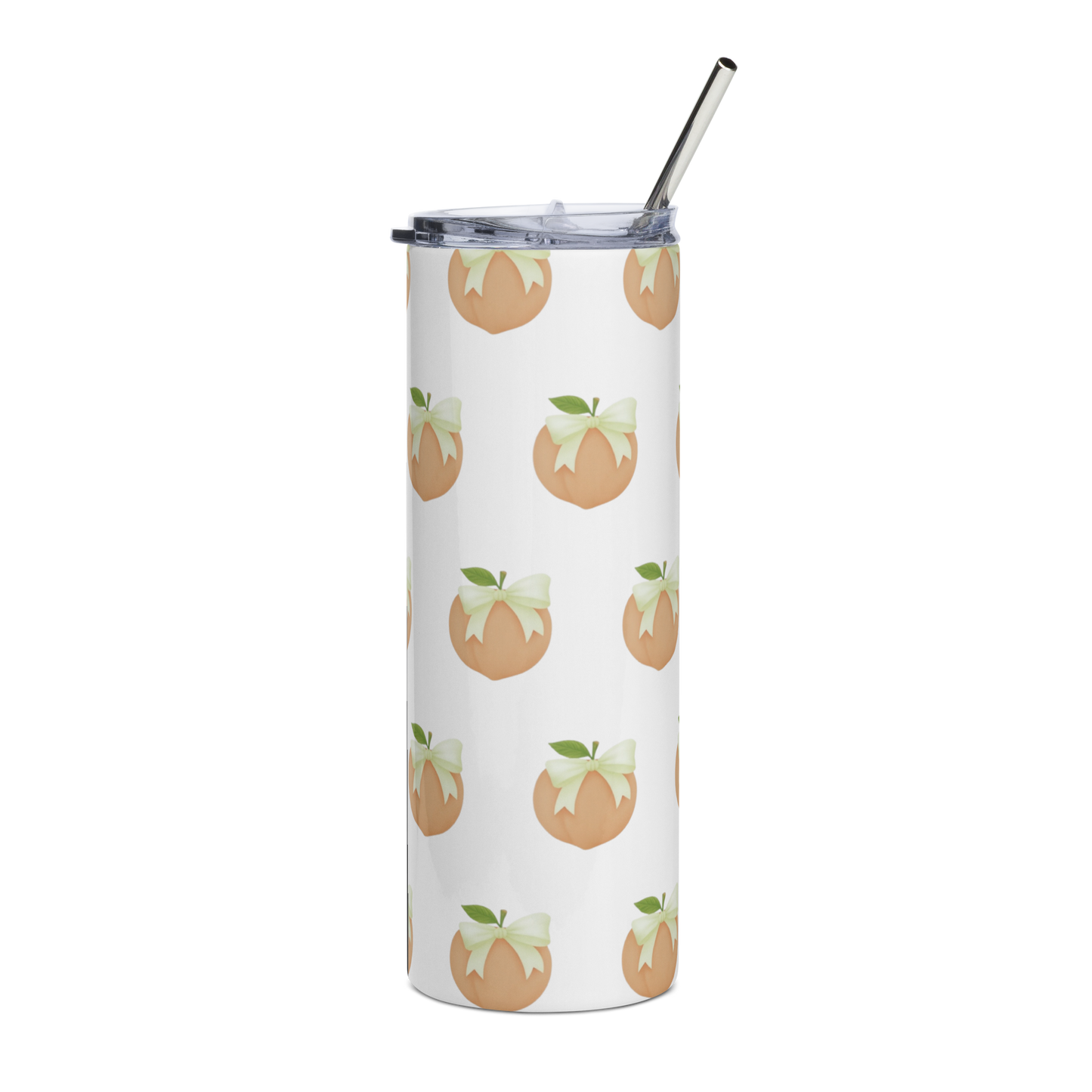 Close-up of clear slider lid and stainless straw on the Peach Please 20 oz tumbler.
