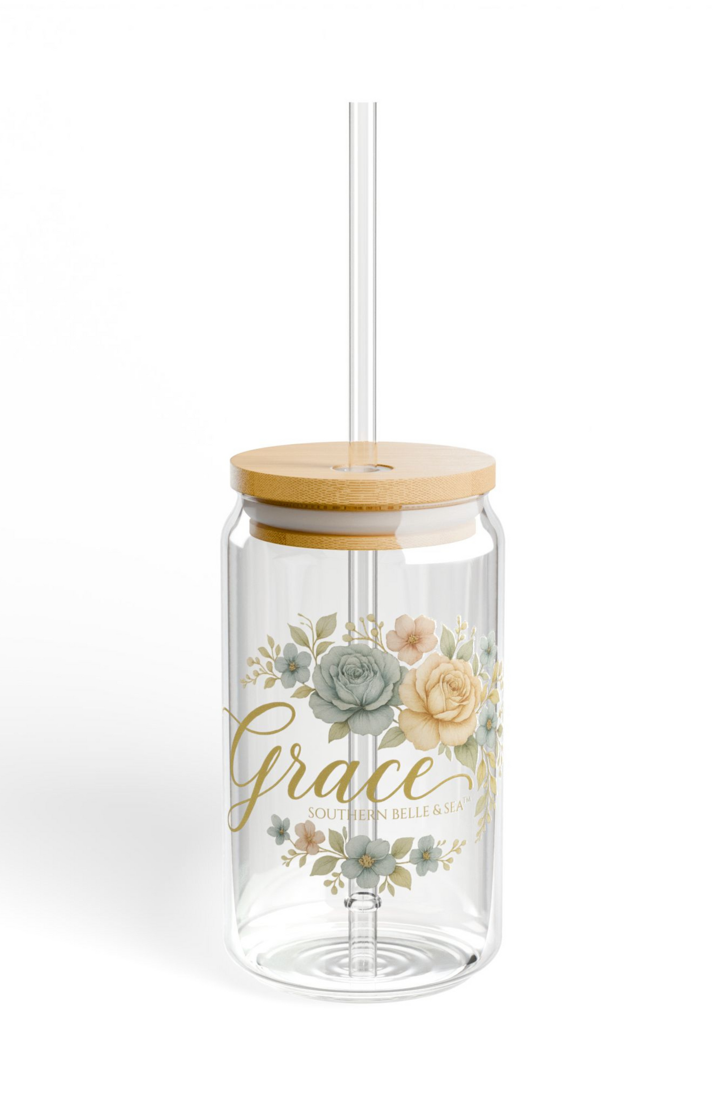 Clear tumbler with floral design and 'grace' text on a white background