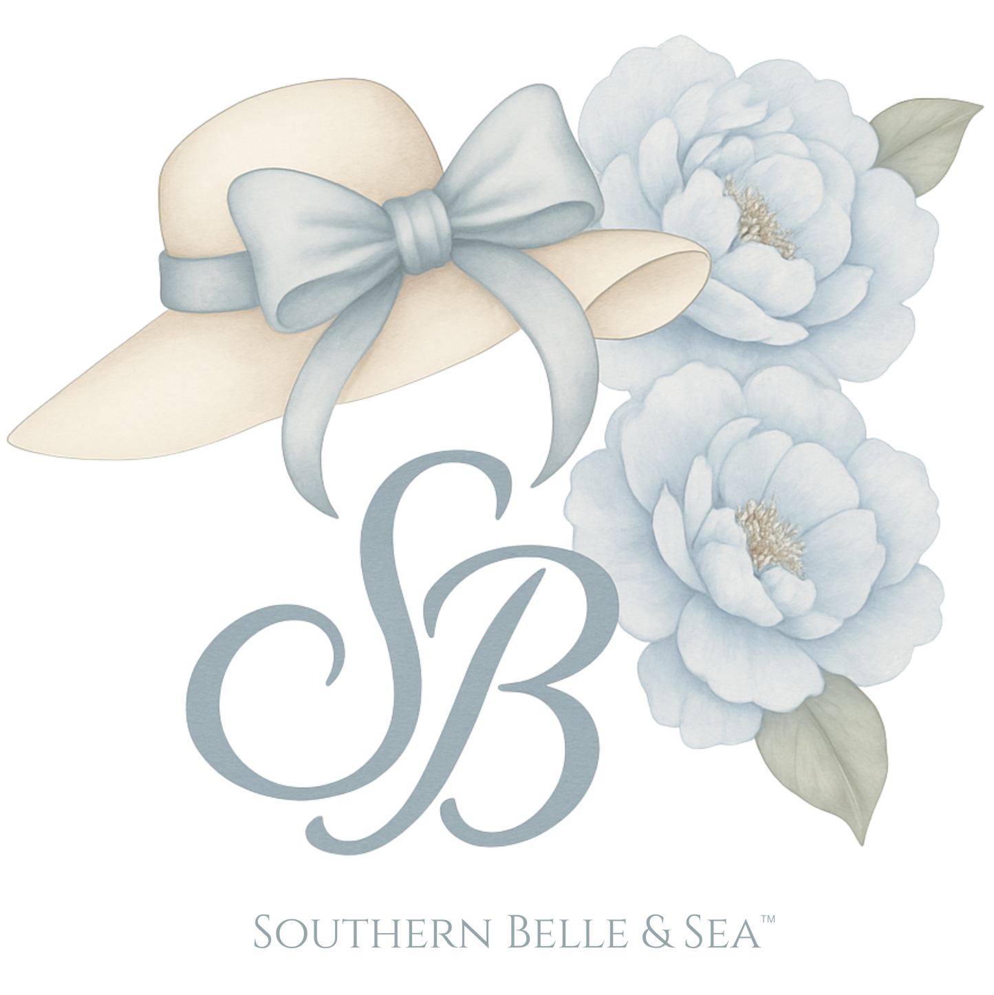 Close-up SB monogram with vintage straw hat and blue bow — watercolor florals