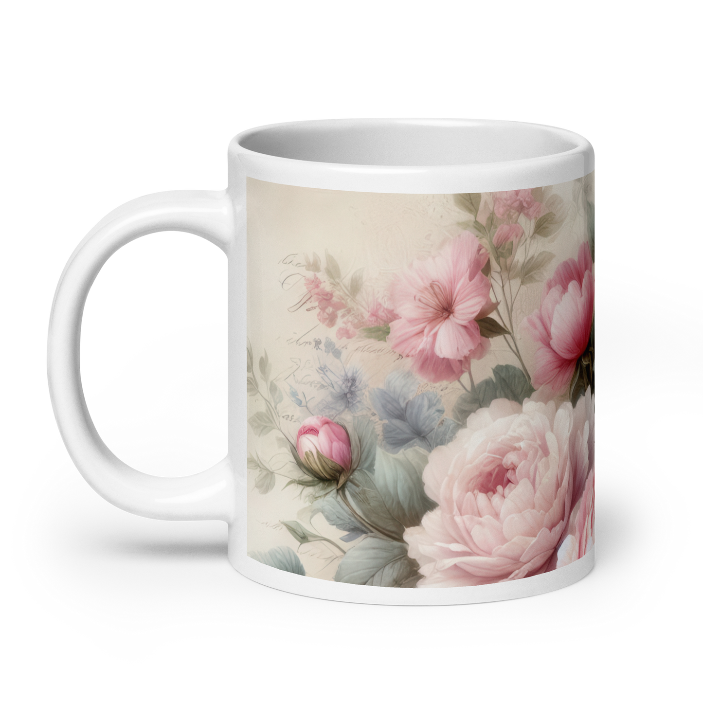Side view of white mug showcasing cursive script and blooming pink peonies in a vintage-inspired design.