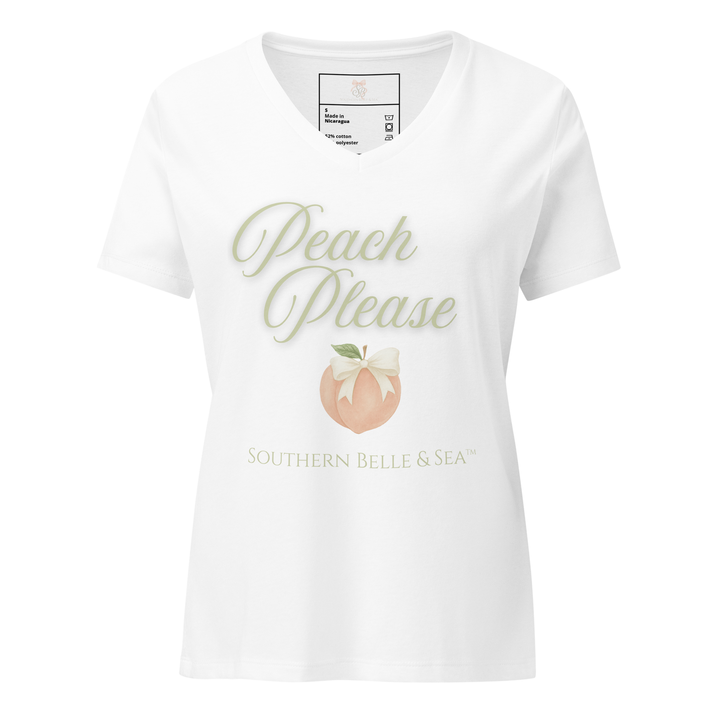Peach Please artwork on Bella + Canvas V-neck tee in white – product photo for Printful uploads and catalog use.