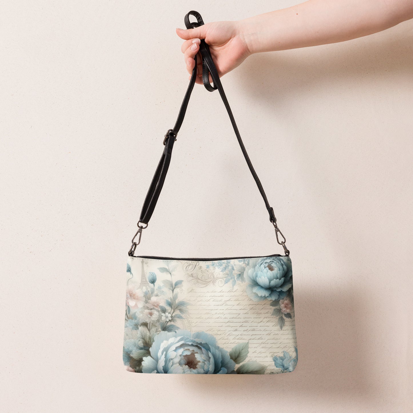 Detailed views of Southern Belle & Sea™ floral crossbody bag: front view, interior compartments, and model holding it with detachable strap.