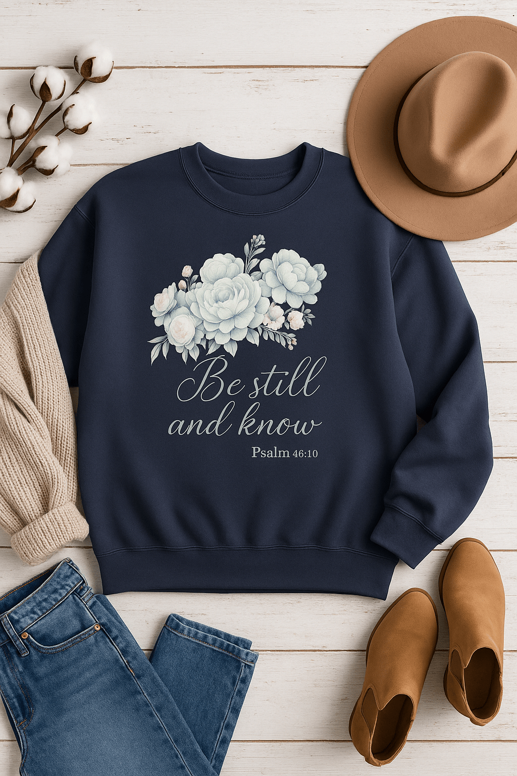 “Be Still and Know” Navy Sweatshirt (Blue Floral) | Southern Belle & Sea™ - Southern Belle & Sea