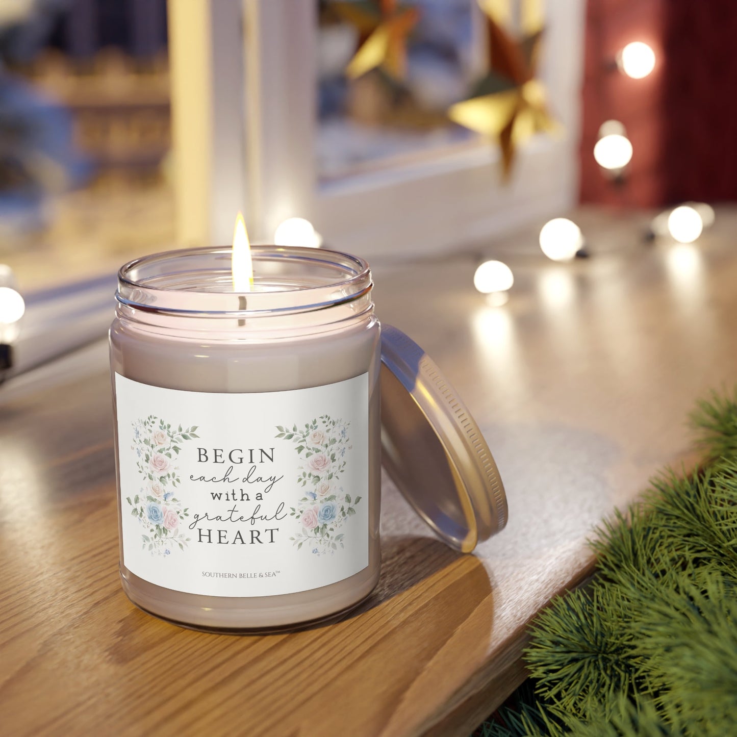 Begin Each Day With a Grateful Heart” Signature Soy Candle (9oz Glass Jar, Eco Cotton Wick) | Southern Belle & Sea™ - Southern Belle & Sea